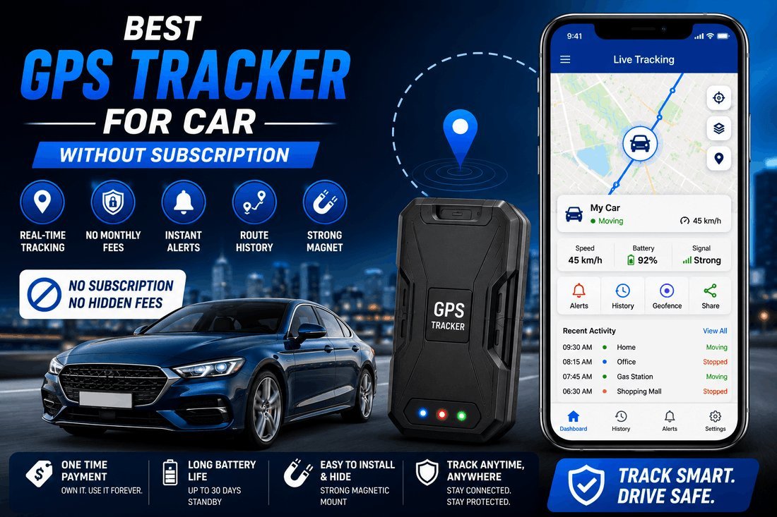 Compact GPS tracker sitting on a car seat for vehicle security.
