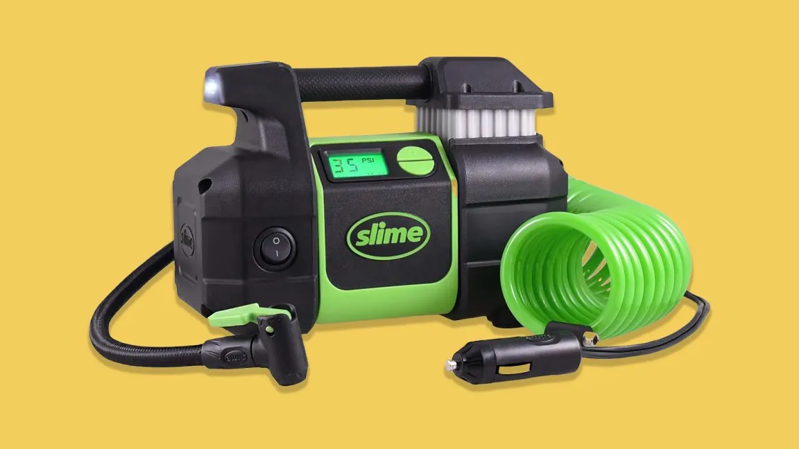 Comparison of cordless, wired, and manual tire inflators on table.