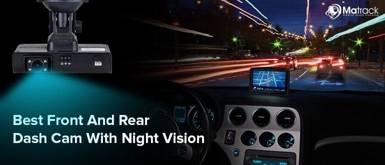 Dash cam mounted on a windshield capturing a dark road at night