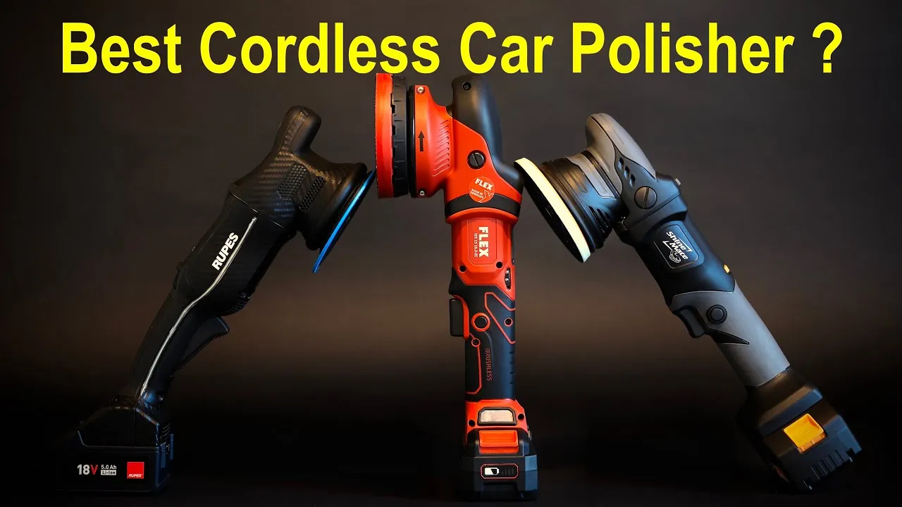 Dual-action polisher pad moving safely over blue car paint surface.