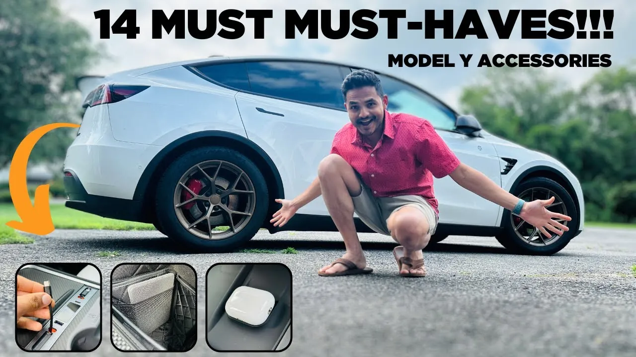 Essential Tesla Model Y accessories like mats and organizers arranged on a table.