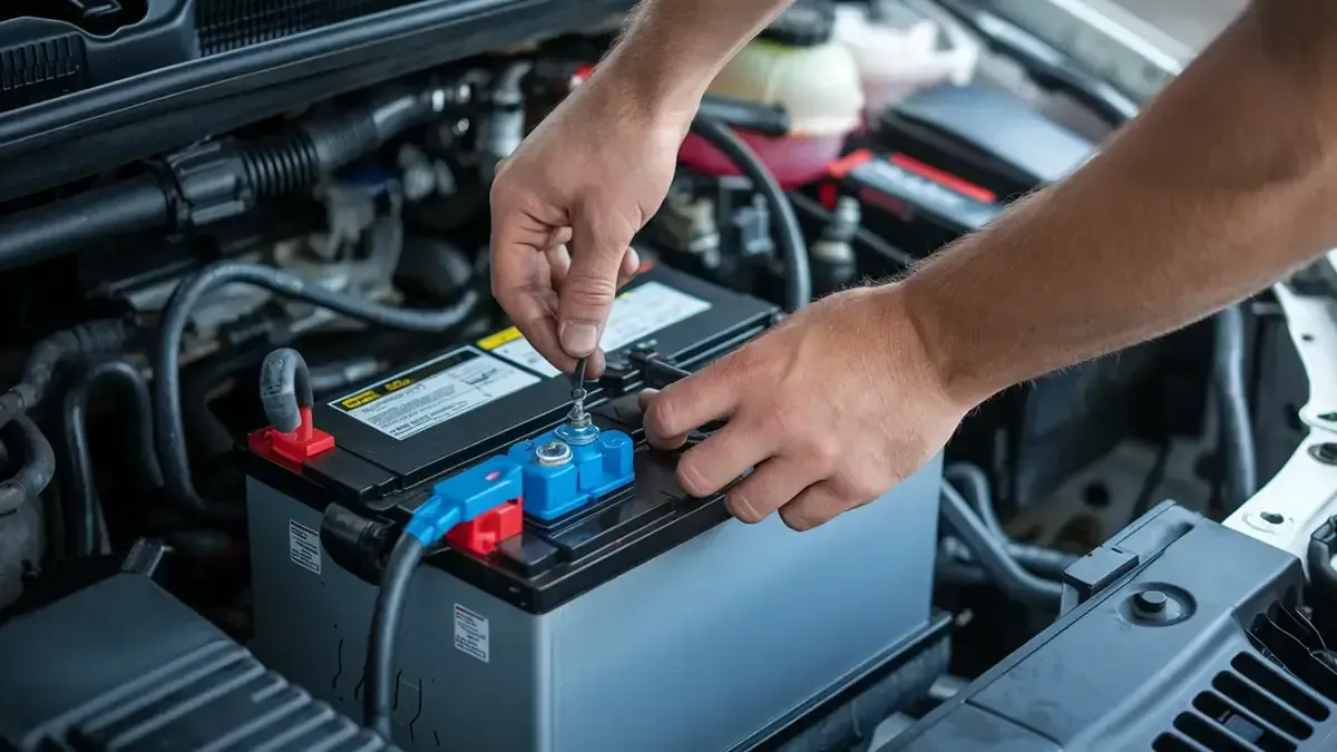 Mechanic checking car battery maintenance schedule on a clipboard in garage.