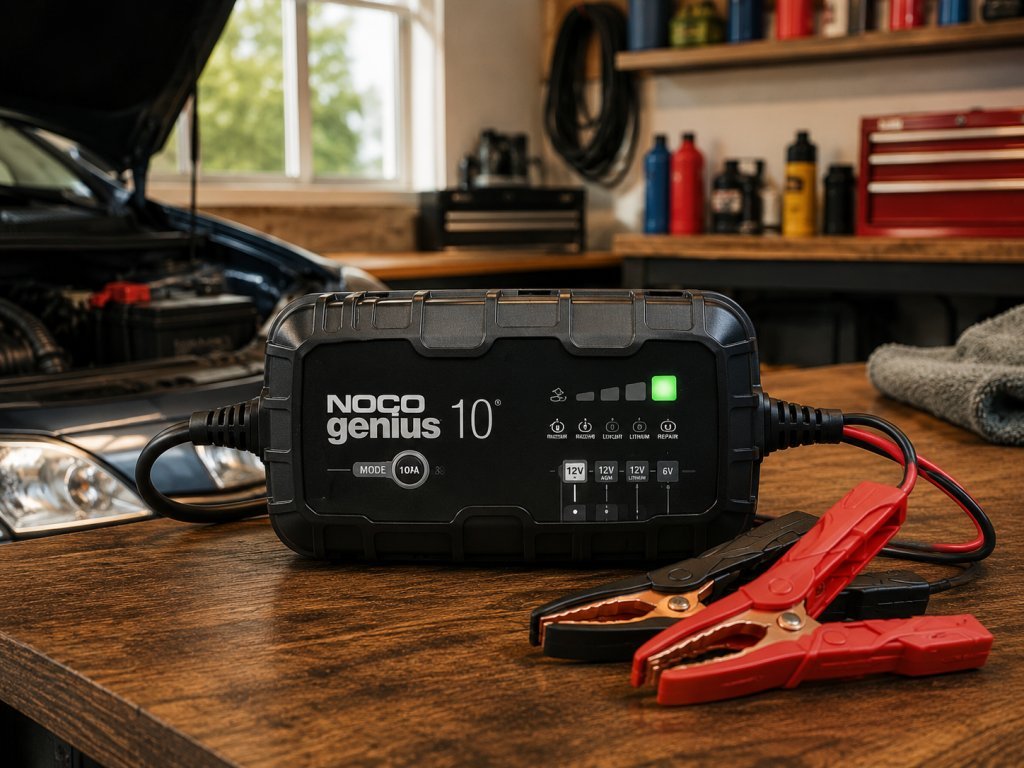 Modern smart car battery charger sitting on garage floor near vehicle.