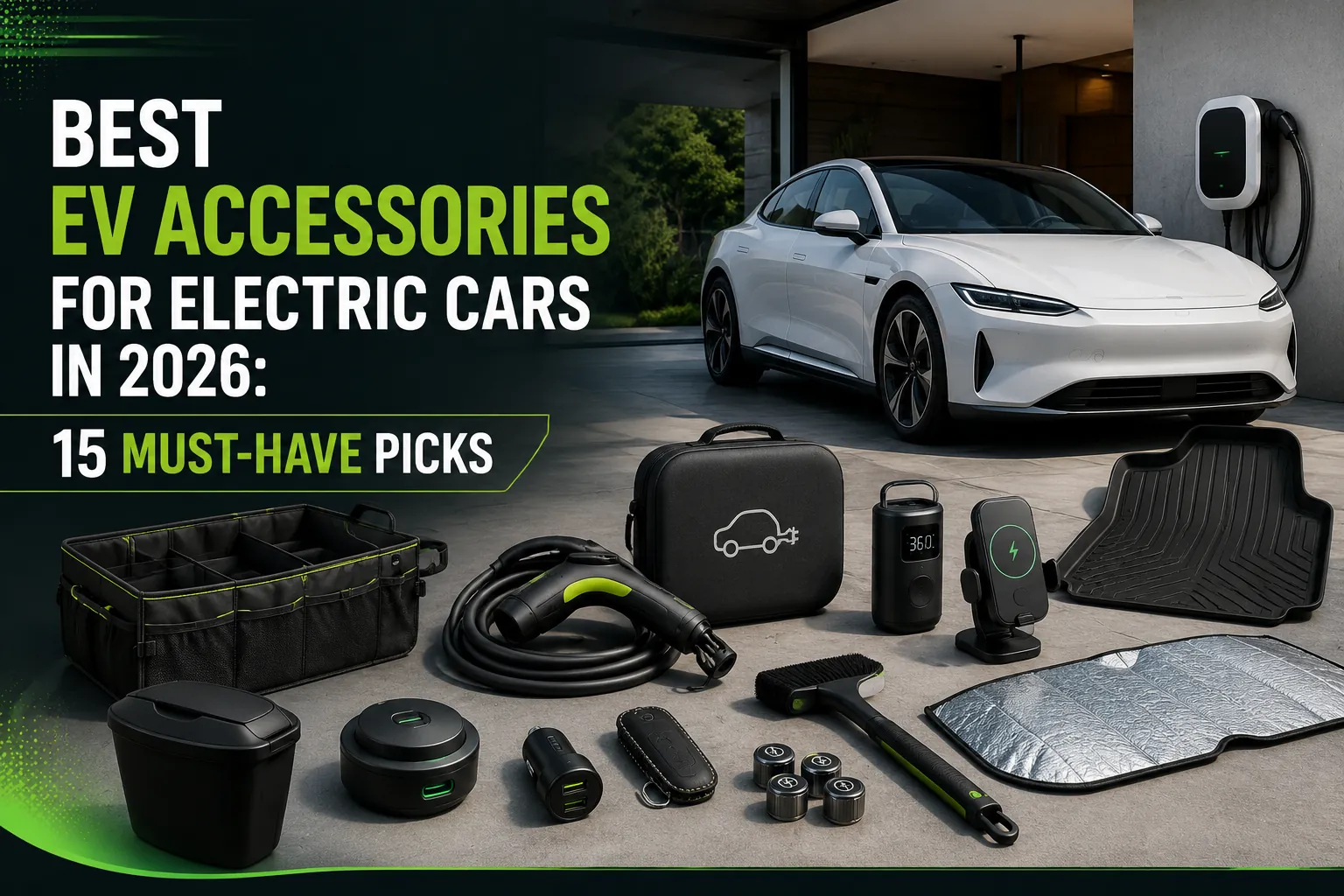 Portable storage bag holding an EV charging cable in a car trunk.