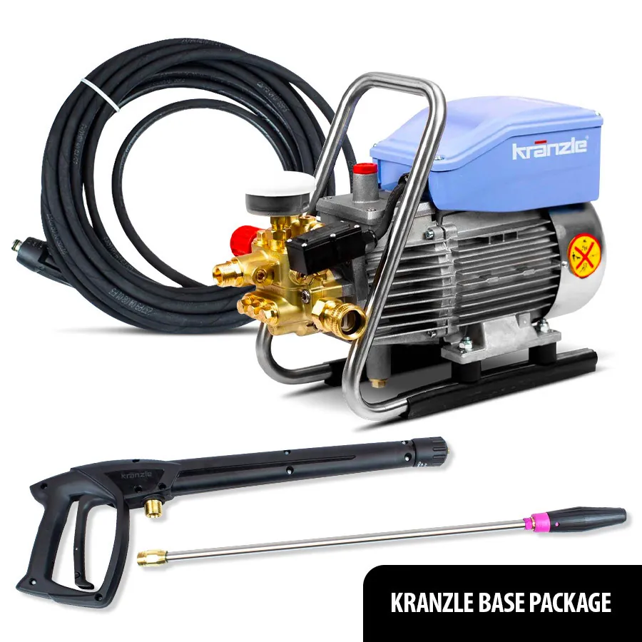 Pressure washer nozzle spraying water safely on a car hood.