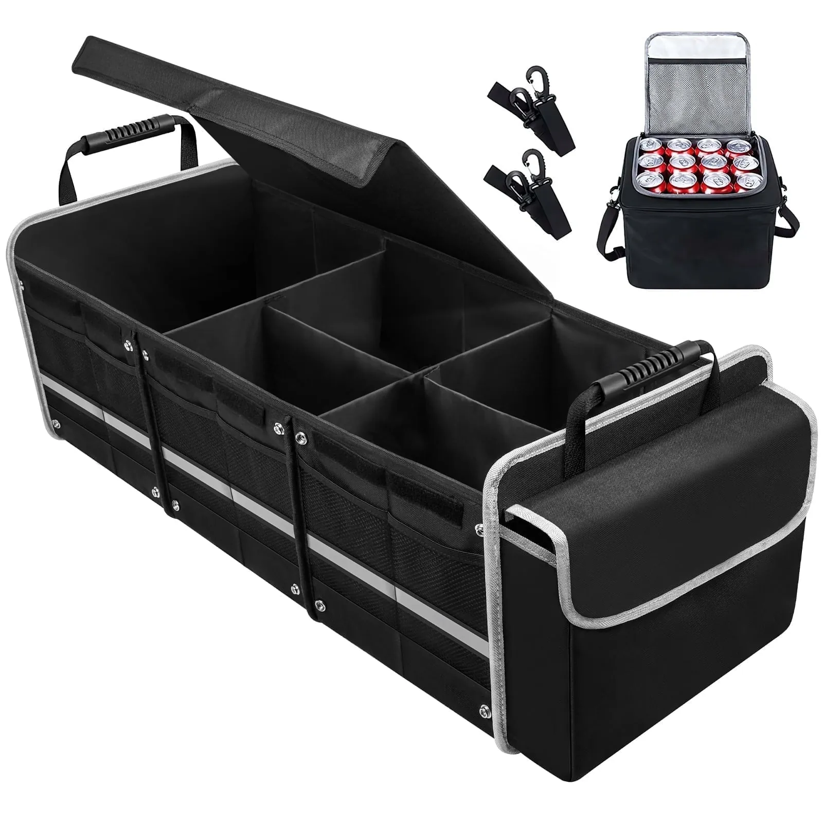 SUV trunk organized with crate, fabric bin, and open space