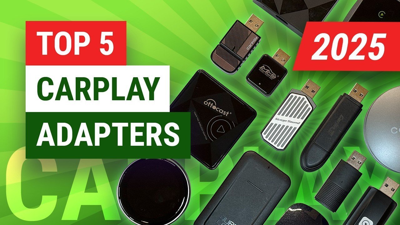 Three wireless carplay adapters resting on a modern car center console.