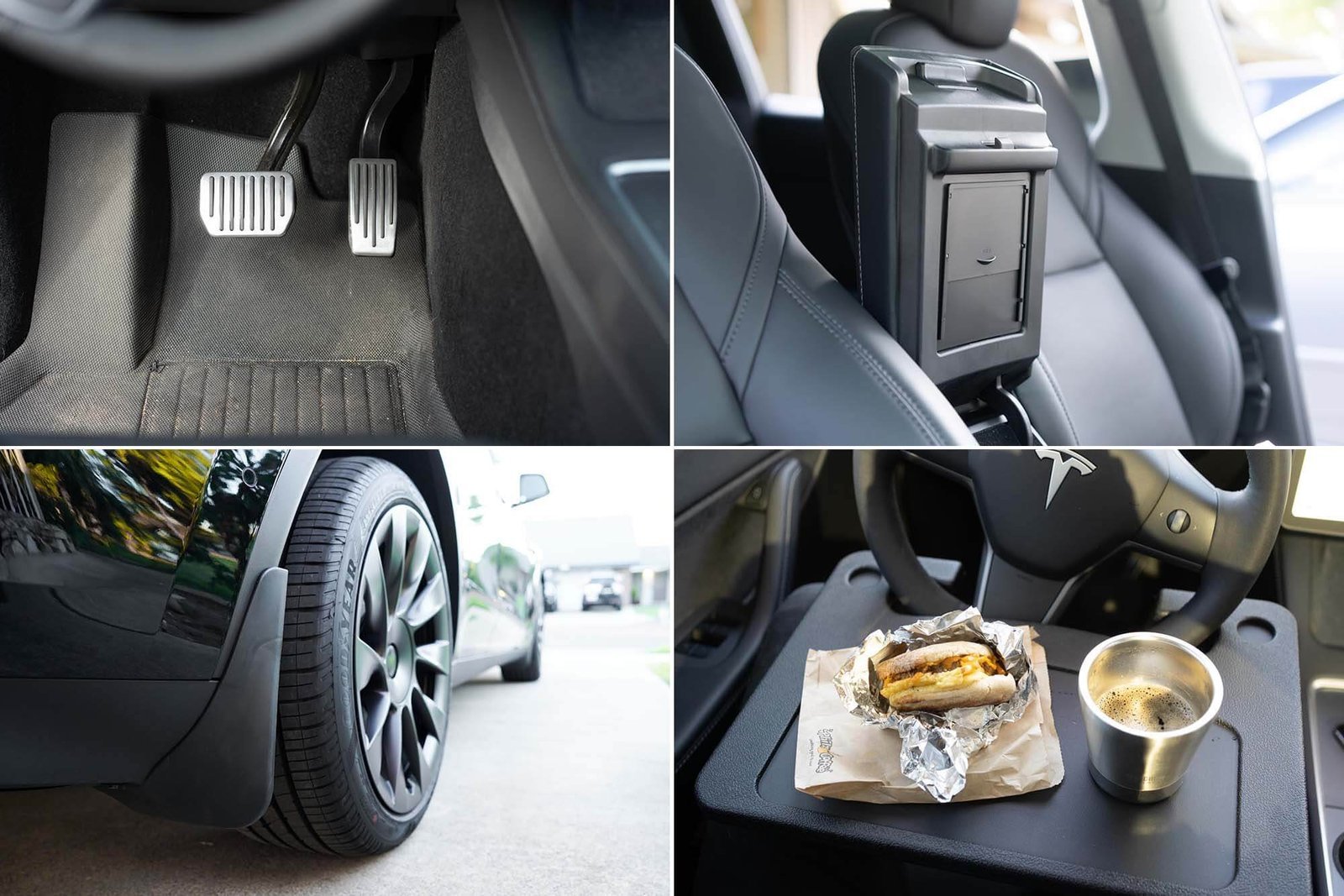 White Tesla Model Y with premium accessories displayed nearby in a sunny driveway.