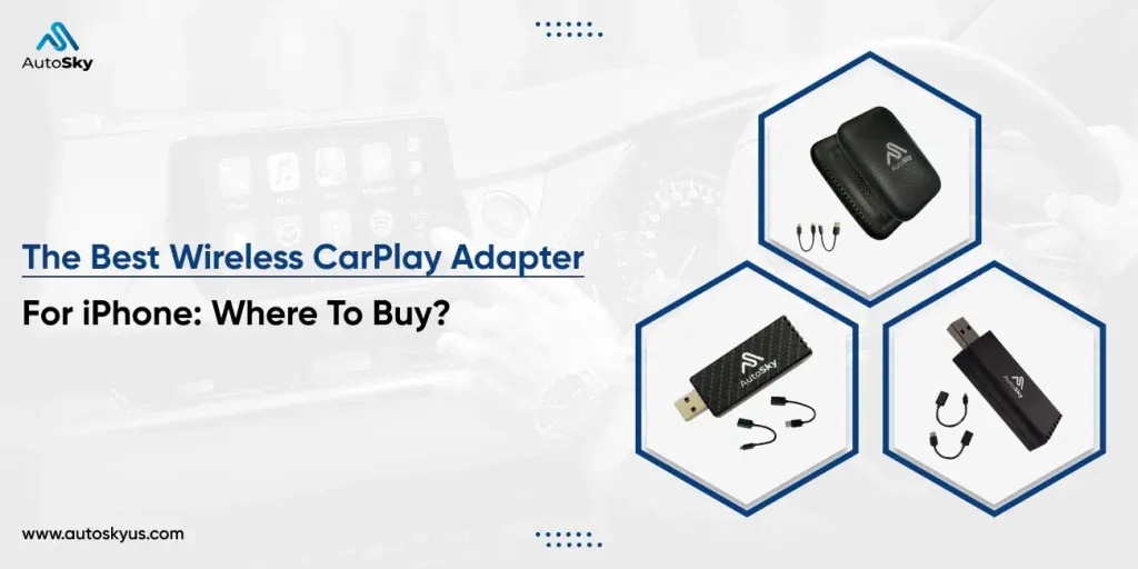A wireless carplay adapter resting on a desk next to a smartphone.